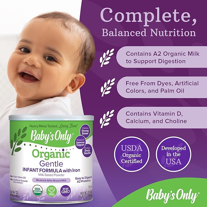 Baby's Only A2 Organic Milk Infant Formula, A2 Milk Based Powder, Organic Baby Formula with A2 Beta-Casein Protein, Iron, Vitamin E, Vitamin D, Easy to Digest, Newborn to 12 Months Old, 21 oz, 1 Pack