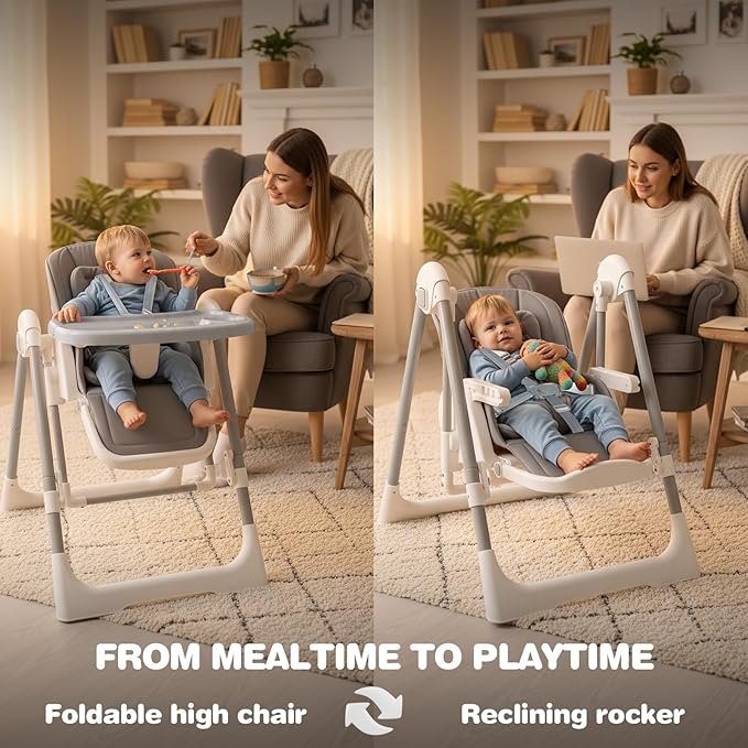 High Chairs for Babies and Toddlers Convert to Baby Rocker Foldable High Chair Adjustable Convertible with Reclining Seat & Leg Rest, 3-in-1 with Tool-Free Assembly (Grey)