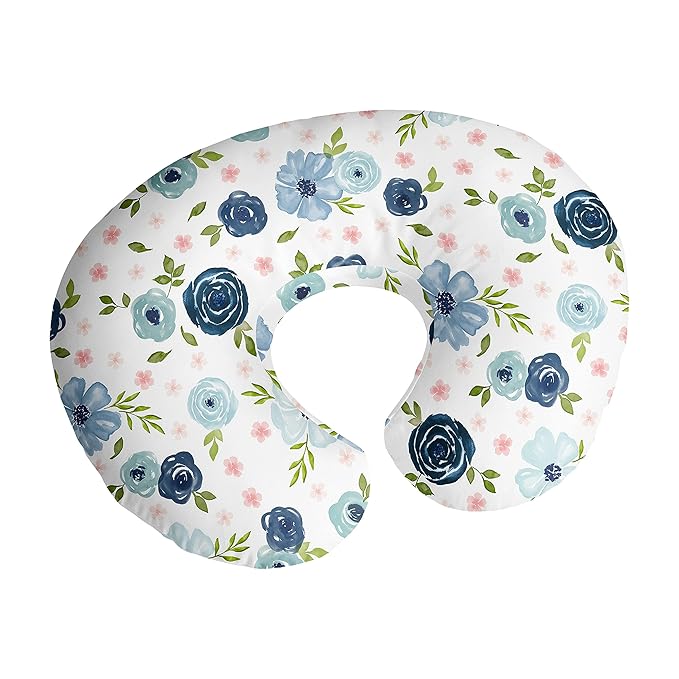 Sweet Jojo Designs Watercolor Floral Nursing Pillow Cover Breastfeeding Pillowcase for Newborn Infant Bottle Breast Feeding Pillow NOT Included Navy Blue Pink Boho Shabby Chic Rose Flower Farmhouse