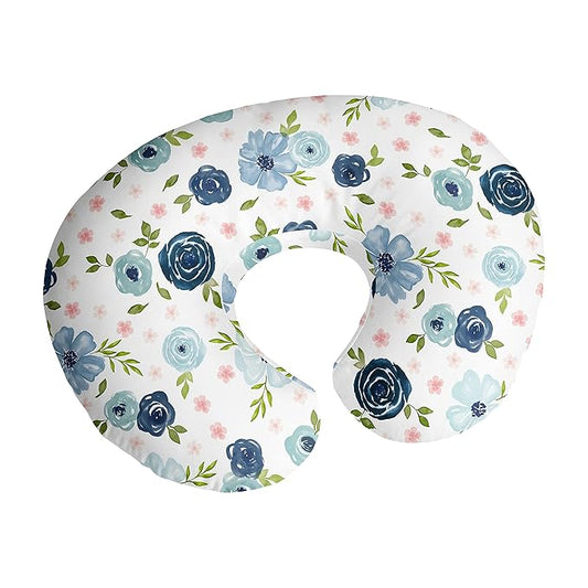 Sweet Jojo Designs Watercolor Floral Nursing Pillow Cover Breastfeeding Pillowcase for Newborn Infant Bottle Breast Feeding Pillow NOT Included Navy Blue Pink Boho Shabby Chic Rose Flower Farmhouse