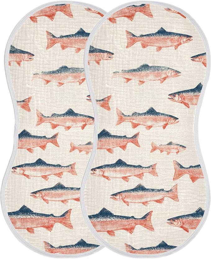Sea Vintge Salmon Fish Burp Cloths Baby Boys Girls Absorbent Soft Cotton Burping Cloths Rags, 2 Pack