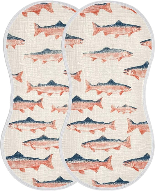 Sea Vintge Salmon Fish Burp Cloths Baby Boys Girls Absorbent Soft Cotton Burping Cloths Rags, 2 Pack