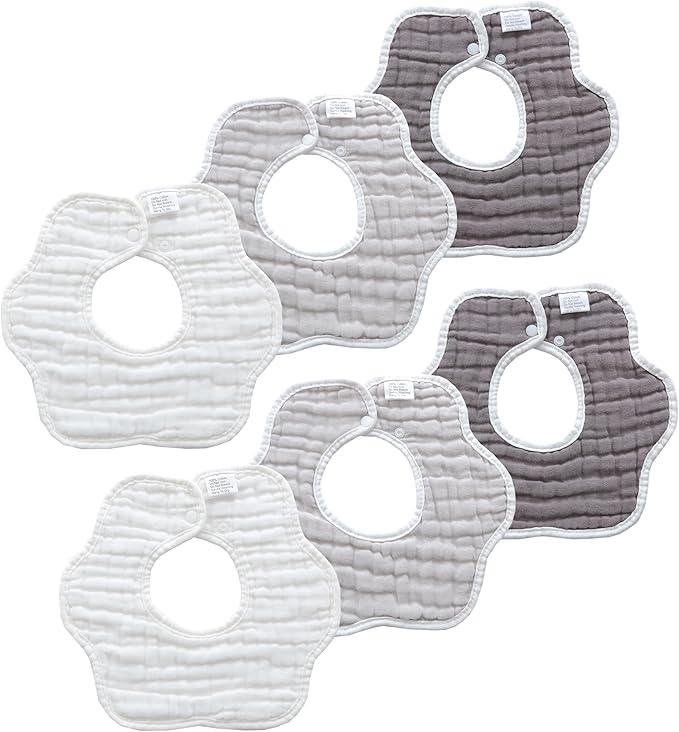 MUKIN Soft Cotton Muslin Baby Bibs 6 Pack | Adjustable Snap Closure for Newborns| Absorbent for Drooling, Teething & Feeding