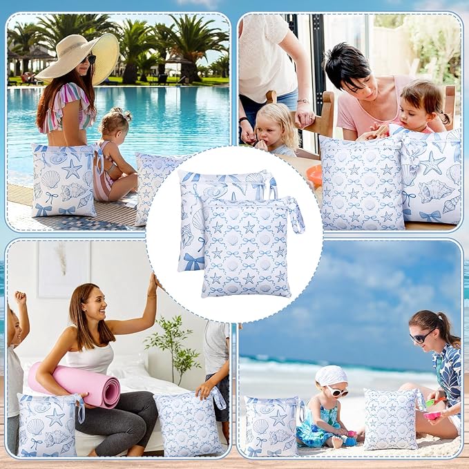 Sanwuta 2 Pack Wet Bags Resuable Waterproof Wet Dry Bag for Swimsuit Travel Beach Pool Bathing Diapers Dirty Yoga Gym Clothes Toiletries with Zippered Pockets(Sea Shells,Blue and White)