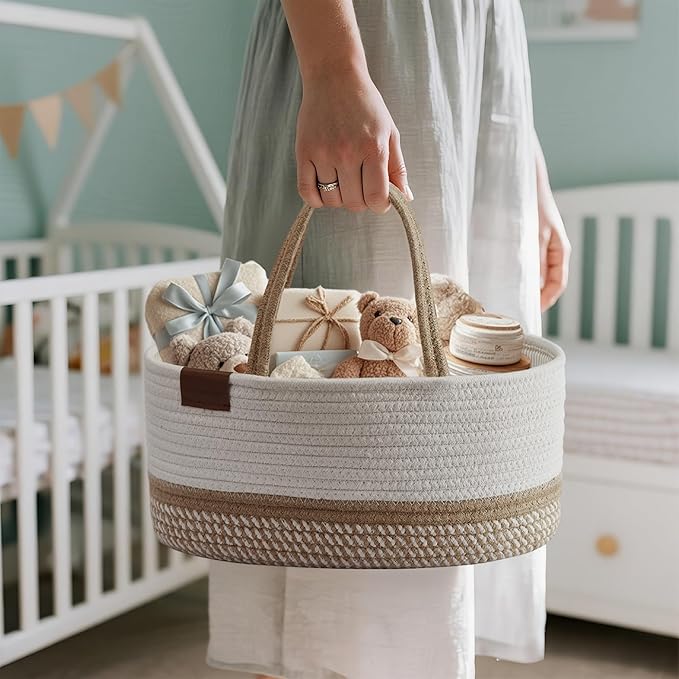 DECOMOMO Baby Caddy Organizer, Mother's Day Diaper Caddy Basket, Baby Baskets for Baby Shower (Spiral Beige & White, Large)