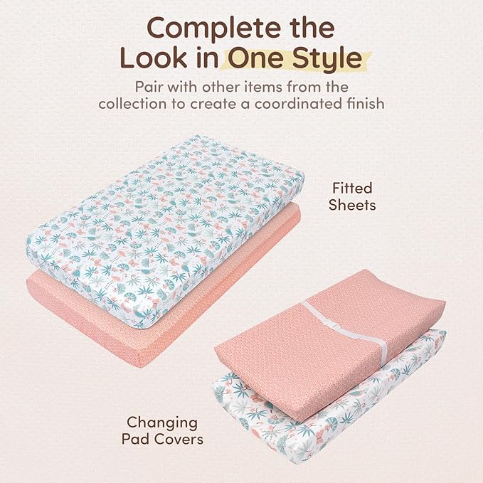 Baby Changing Pad Covers Table Sheet 32"x16", 8"Deep Pocket - Diaper Changing Pad Cover, 100% Cotton Jungle Leaves & Flamingo Sheets 2 Pack, Flamingo Baby Sheets, Designed in France, White-Coral Pink
