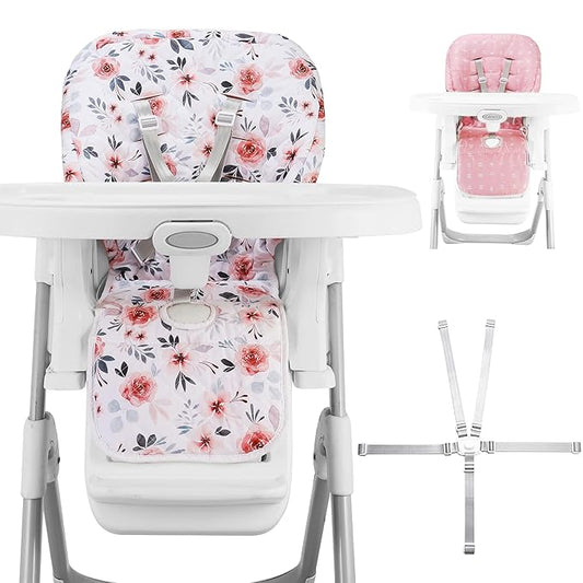 Baby High Chair Cover Replacement, Reversible & Waterproof High Chair Cushion Pad Home & Restaurant use, Includes 5-Point Harness Strap, Chair Not Included - Pink