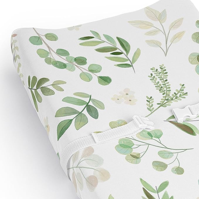 Sweet Jojo Designs Green Boho Floral Leaf Boy Girl Gender Neutral Unisex Baby Changing Pad Cover Sheet Infant Newborn Diaper Change Mat Cover Sage White Bohemian Watercolor Botanical Flower Woodland