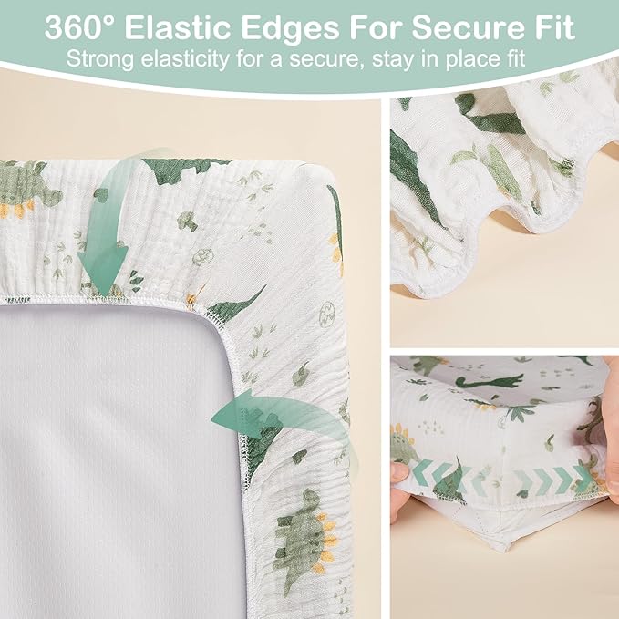 Basumee Muslin Changing Pad Cover Waterproof 2 Pack Baby Changing Table Covers for Boys and Girls Soft Breathable Nursery Diaper Change Table Cover Pad Fits 32"x16", Green Dinosaur