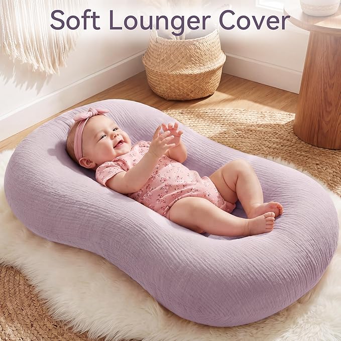 Muslin Baby Lounger Cover 1 Pack, Cotton Soft Breathable Infant Nest Slipcover, Envelope Closure, Compatible with Snuggle Me Loungers, Machine Washable, Cover Only, for Girls Boys (Purple)