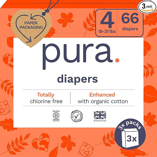 Pura Size 4 Eco-Friendly Diapers (18-31lbs) TCF Hypoallergenic, Soft Organic Cotton, Sustainable, up to 12 Hours Leak Protection, Allergy UK, Recyclable Packaging, 3 Packs of 22 (66 Diapers)