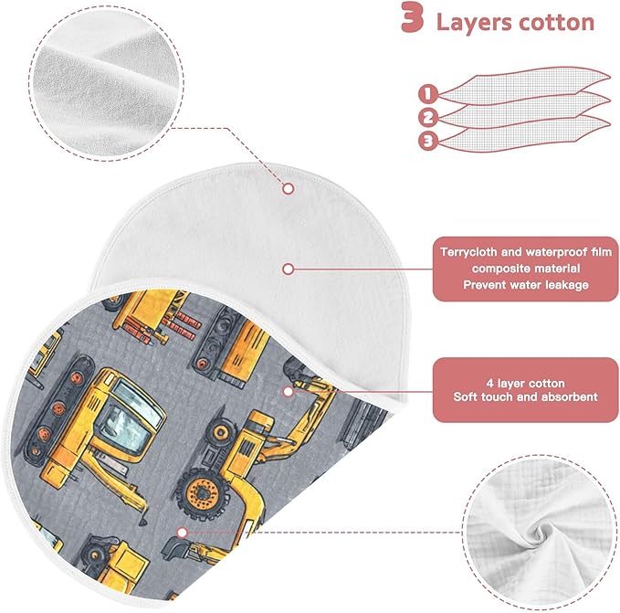 Construction Excavator Trucks Burp Cloths Baby Boys Girls Absorbent Soft Cotton Burping Cloths Rags, 4 Pack