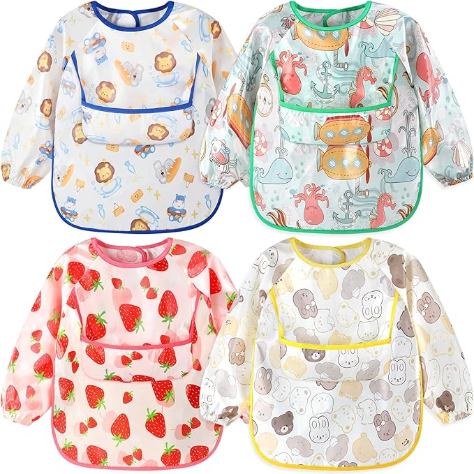 Accmor 4 Pack Long Sleeve Baby Bibs, Waterproof Sleeved Bibs for Eating Feeding, Toddler Baby Girls Boys Smock Bibs