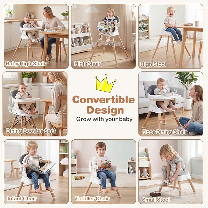 BABY JOY High Chair, Convertible Wooden Highchairs for Babies and Toddlers, Converts to Booster Seat & Stool with Adjustable Legs, Removable Tray, Safety Harness, Waterproof PU Cushion (Gray)