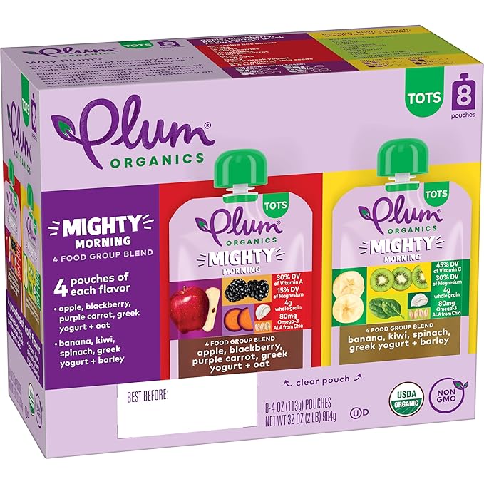 Variety Pack 8ct 4oz Pouch Mighty Morning Food Group Blend Tots - Apple, Blackberry, Purple, Carrot, Greek Yogurt, Oat + Banana, Kiwi, Spinach, Greek Yogurt, Barley