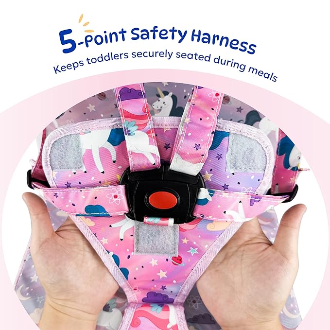 Toddler Booster Seat for Dining Table & Kitchen Chair with Backrest & 5-Point Harness - Portable Kids Booster Seat, Waterproof & Easy to Clean, Adjustable, Non-Slip, Lightweight (Pink Horse)