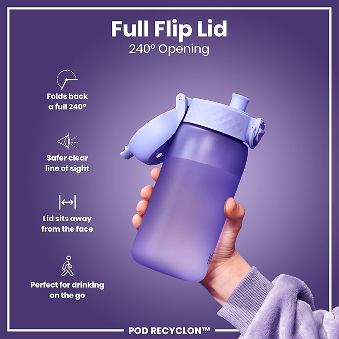 Ion8 Small Water Bottle, 350 ml/12 oz, Leak Proof, Easy to Open, Secure Lock, Dishwasher Safe, BPA Free, Carry Handle, Hygienic Flip Cover, Easy Clean, Odor Free, Carbon Neutral, Light Purple