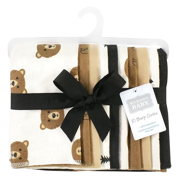 Hudson Baby Unisex Baby Cotton Flannel Burp Cloths, Brown Bear 10 Pack, One Size