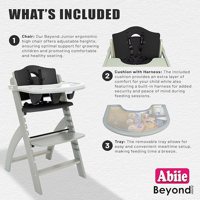 Abiie Beyond Junior Wooden High Chair for Babies and Toddlers - Convertible 3-in-1 Baby Highchair with Removable Tray - 6 Months to 250 Lb - Water Resistant - Misty Grey Wood/Black Pearl Cushion