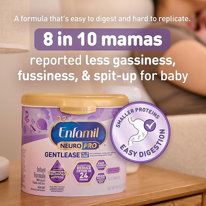 Enfamil NeuroPro Gentlease for easing Fussiness, Crying, Gas, Spit-up in 24 Hrs, Smaller Proteins for Easy Digestion, Brain Supporting DHA, Prebiotic Blend, HuMO6*, Baby Formula, Reusable Tub, 19.5 Oz, Pack of 4