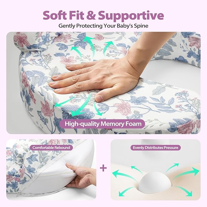 Nursing Pillow - Memory Foam Bottle & Breastfeeding Pillow with Safety Fence - Ergonomic Support, with Wider Breast Feeding Cushion, Adjustable, Removable Cover, Baby Safety Certified Violet