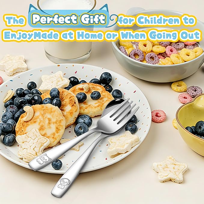 LIANYU Stainless Steel Toddler Utensils Set, 6 Pieces Kids Silverware Set with Small 3 Forks and 3 Spoons, Children Safe Flatware Cutlery for Self-Feeding, Food Grade & Cute Pattern, Dishwasher Safe