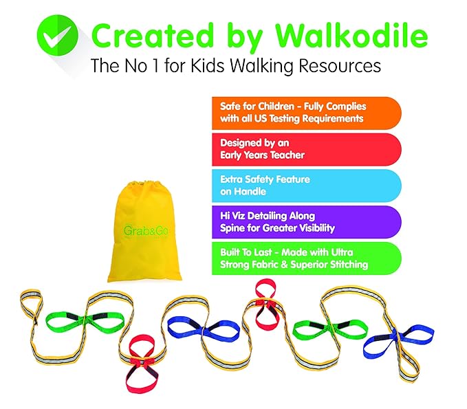 Grab & Go Children's Walking Rope (12 Child). Teacher Designed. Extra Safety Feature on Handles. Strong Fabric & Heavy Duty Stitching. Includes Learning Games for Walks Guide