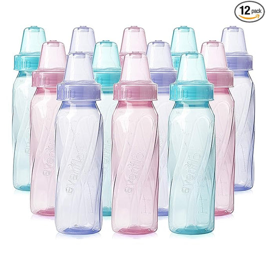 Evenflo Feeding Classic Tinted Plastic Standard Neck Bottles for Baby, Infant and Newborn, Pink/Lavender/Teal, 8 Oz, 12 Bottles