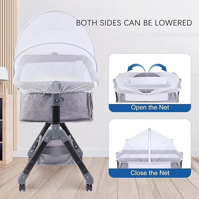 Akiky Bassinet Cover Mosquito Net with Two-Way Zippers Foldable Bassinet Bedside Sleeper Tent to Keep Cats/Bugs Out(White)