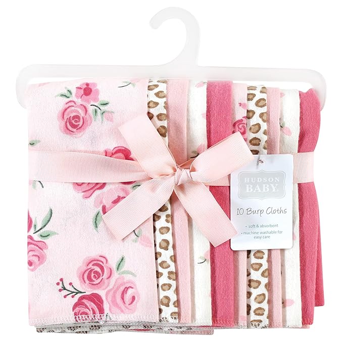 Hudson Baby Unisex Baby Cotton Flannel Burp Cloths, Blush Rose, One Size