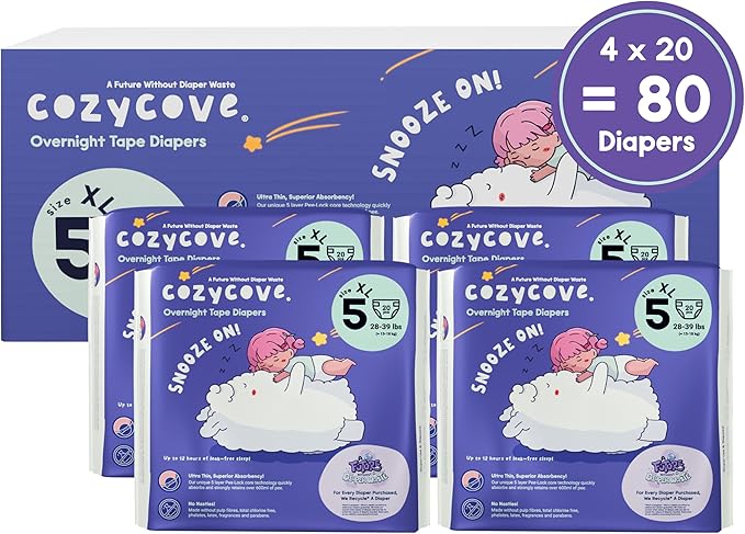 Cozycove Size 5 XL (28-39 lbs) Diapers, 80 Count, Totally Chlorine Free, Skin-Friendly Material | Snooze On Slim Overnight Tape Disposable Diapers | 4 Bags of 20