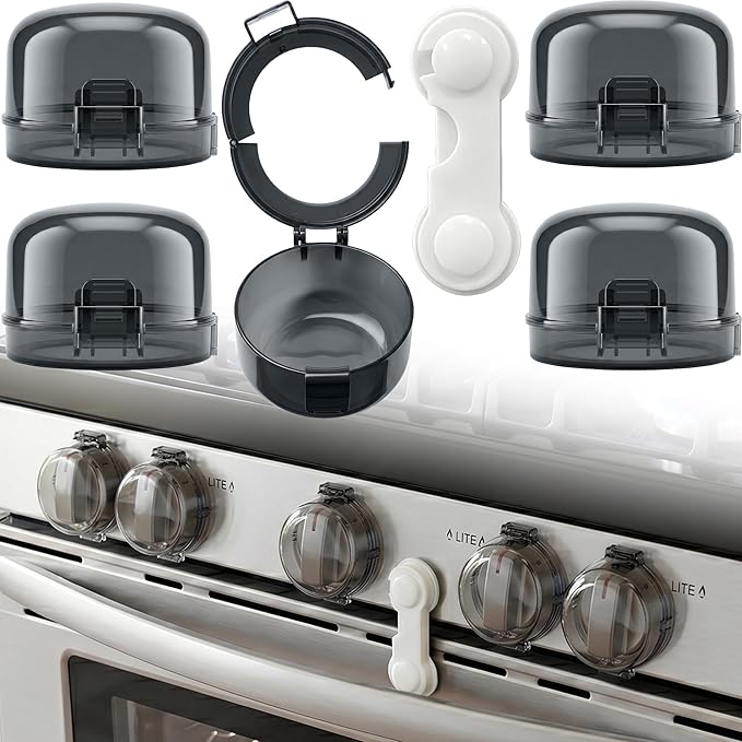 Stove Knob Safety Covers, V0-Grade Flame Retardant & Heat-Resistant, Universal Gas Knob Locks for Kitchen Stove & Oven, Oven Door Lock for Child Safety, Black (5 Covers + 1 Lock)