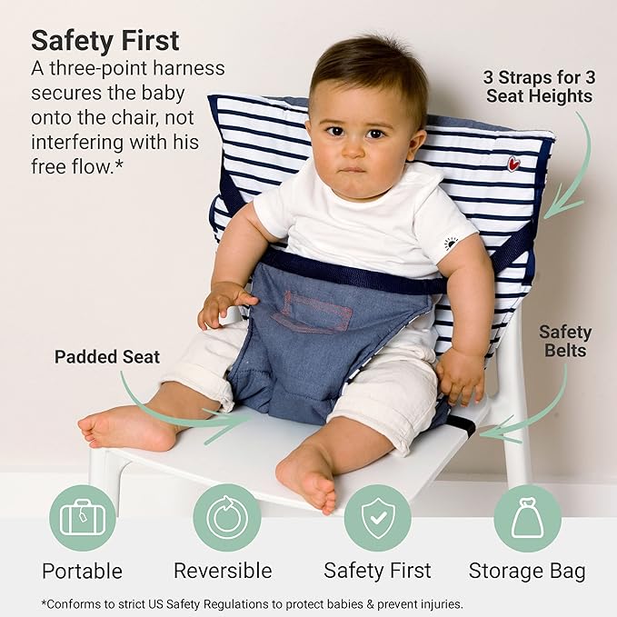 BabyToLove Pocket Seat | Compact Portable High Chair for Travel, Dining & More | Secure & Washable Toddler Seat with Harness | Fits Most Chairs | Lightweight Foldable | Denim