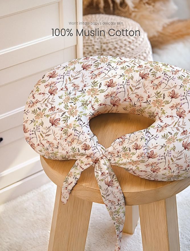 lulumoon Muslin Nursing Pillow Covers - 2-Pack Cotton Slipcovers for Breastfeeding Pillow - Extended Adjustable Strap for Secure Fit & Stable Support - Hidden Zipper Safety for Bottle-Feeding