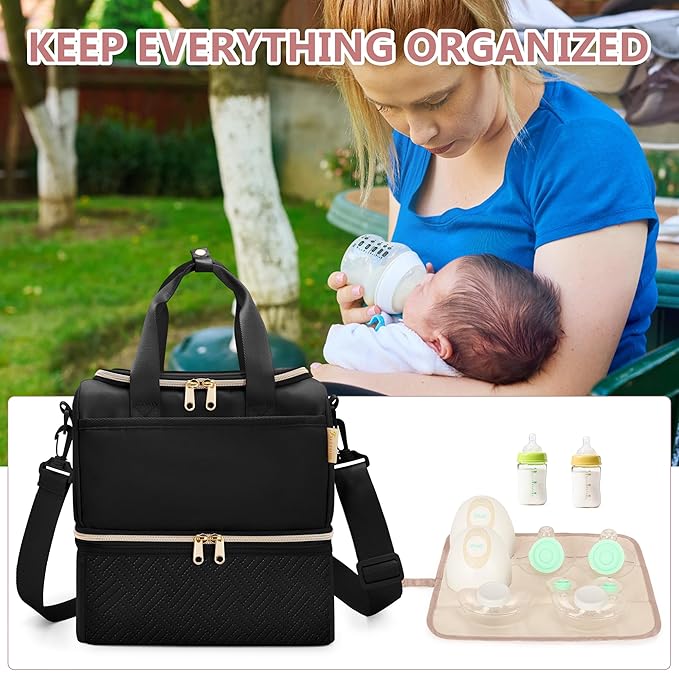 Fasrom Wearable Breast Pump Bag with Cooler Compartment Compatible with Momcozy, Medela and Willow Pumps, Portable Pumping Carrying Case with Waterproof Mat, Black (Empty Bag Only)