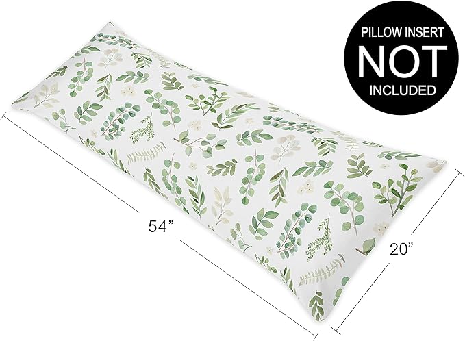 Sweet Jojo Designs Floral Leaf Body Pillow Case Cover (Pillow Not Included) - Green and White Boho Watercolor Botanical Woodland Tropical Garden