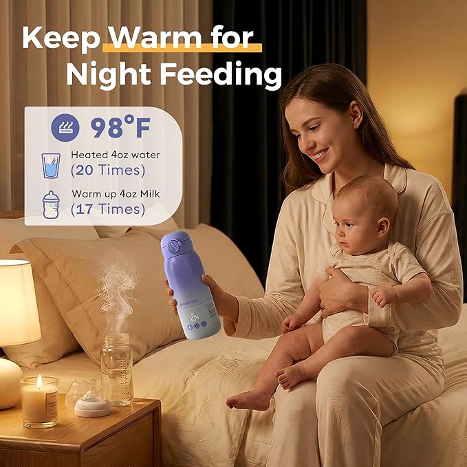 Portable Bottle Warmer for Travel, Dual Heating Modes, Instant Breastmilk, Formula, Water, Milk Warmer Bottle with 12 Ounces for Vehicle,car,Airplane Journey (Violet)