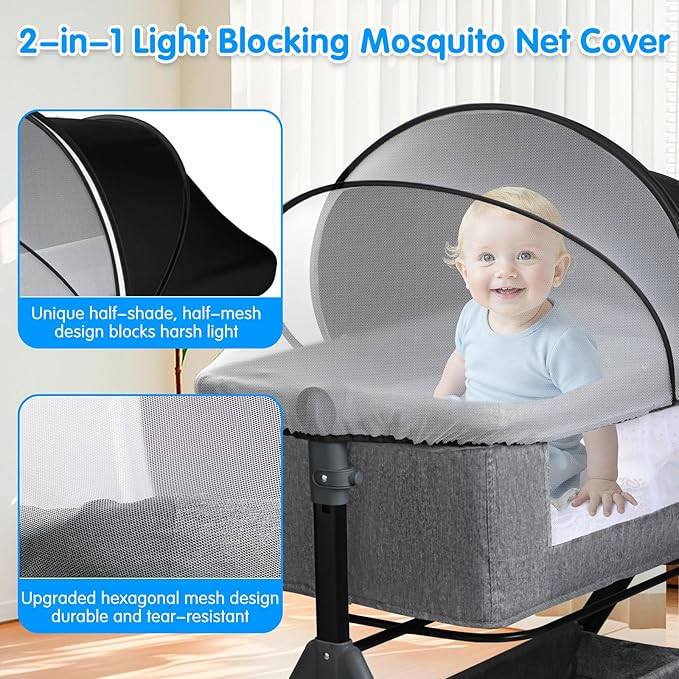 Bassinet Mosquito Net Cover - Half-Blackout Mosquito Net for Baby Crib & Bedside Sleeper, Breathable Crib net with 2-Way Zipper, Sun-Blocking Baby Mosquito Net Cover (Black-Small)