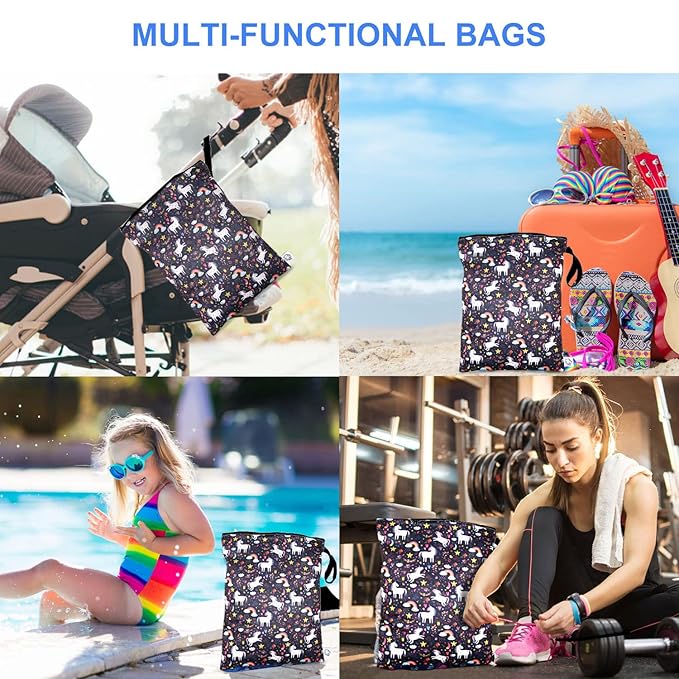 FLOCK THREE Waterproof and Reusable Wet Bag Diaper Stroller Water Resistant Swimsuit Travel Toiletries Yoga Gym Washable Carrier Unicorn Large 12.6'' x 16.5''
