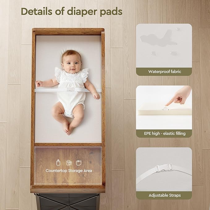 YeTom Baby Changing Table with 9 Fabric Boxes, Waterproof Diaper Changing Station & Pad, Mobile Nursery Diaper Changing Table, Baby Furniture, Rustic Brown