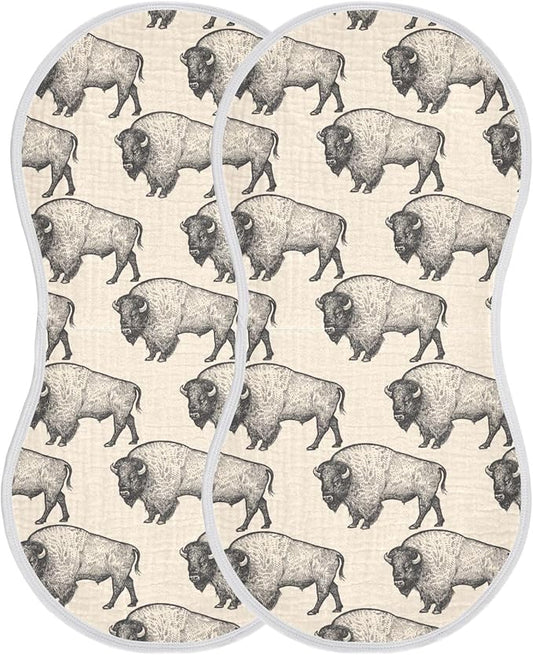 Muslin Burp Cloths for Baby Boys and Girls - 2-Pack Ultra Absorbent North America Bison Muslin Washcloths, Newborn Towel, Milk Spit Up Rags, Burp Cloth Bibs for Unisex, 22 x 11 Inch