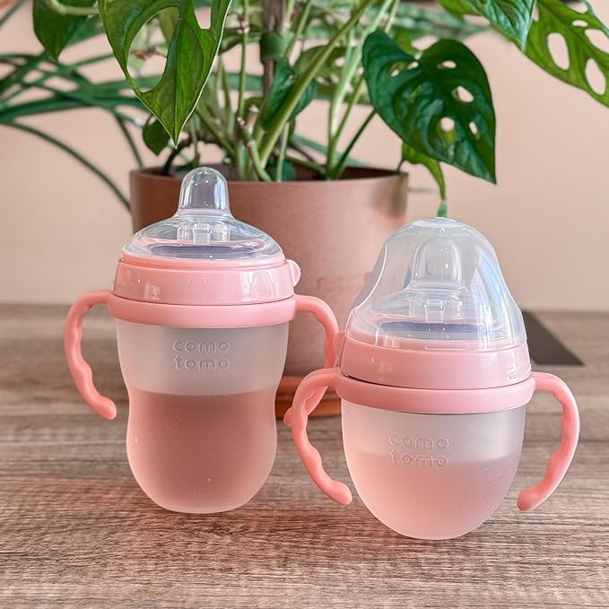 Sippy Spout Nipples with Bottle Handles for Comotomo Baby Bottles 2-Pack, Soft Food Grade Silicone Spout, Transition Nipples, Converts Baby Bottle to Sippy Cup, Spill Proof, BPA-Free, 4+ months (Pink)