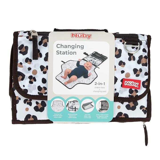 Nuby Portable Baby Changing Pad Station, Quick Wipe Clean Changing Mat with Built-in Pillow, Leopard Print