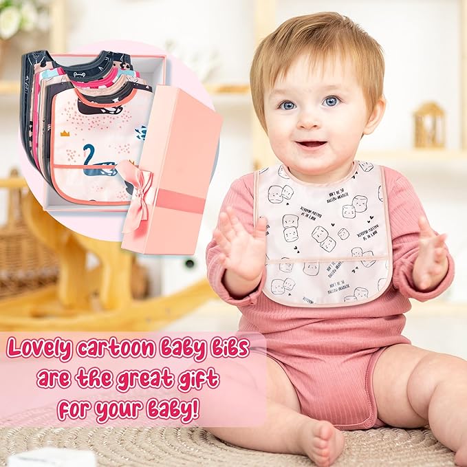 6Pcs Waterproof Toddler Bibs Baby Feeding Bib Set with Crumb Catcher Pocket, Infant Adjustable Baby Teething Bib, Babies Sleeveless Animals Food Bibs Keepsake Gift for Baby Shower, 6-24 Months