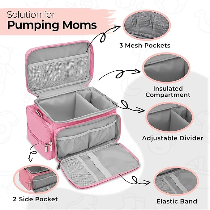 Breast Pump Bag Fit for Spectra S1 and S2, Wearable Breast Pump Bags with Milk Pack, Pumping Bag with Waterproof Mat for Pump Accessories, Bottle Bags for Travel and Family, Pink