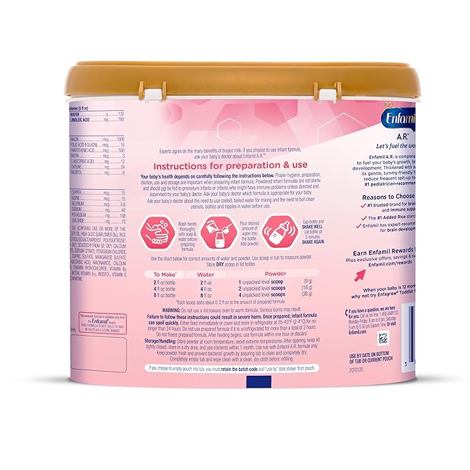 Enfamil A.R. Infant Formula,Clinically Proven to Reduce Reflux & Spit-Up in 1 Week, with Iron, DHA for Brain Development,Probiotics to Support Digestive & Immune Health, PowderTub,19.5 Oz (Pack of 3)