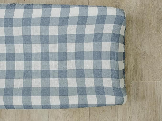 Mebie Baby Changing Pad Cover, Dusty Blue Gingham, 100% Muslin Cotton Changing Table Pad Cover for Boy and Girl, Designer Nursery Decor Covers, Diaper Changing Pad Cover for Changing Station