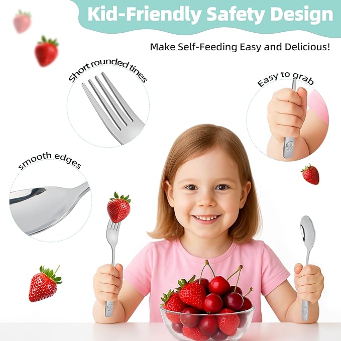 LOCONHA Stainless Steel Toddler Utensils Set - 14 Pcs Kids Silverware, Safe Food Grade, Mirror Polished, Dishwasher Safe, Perfect for Little Hands, Trendy & Durable. ﻿