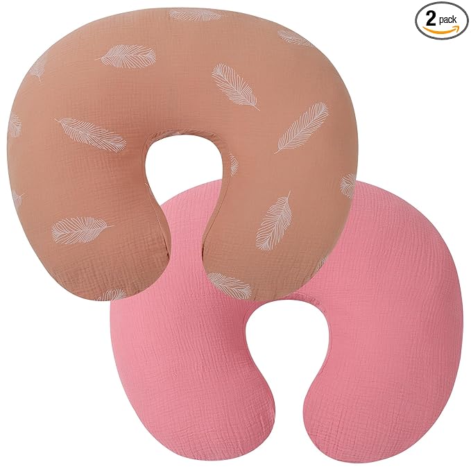 Onacosht Muslin Nursing Pillow Cover 2 Pack 100% Cotton Ultra Soft Breastfeeding Pillow Covers for Baby Boy and Girl, Feather and Pastel Violet