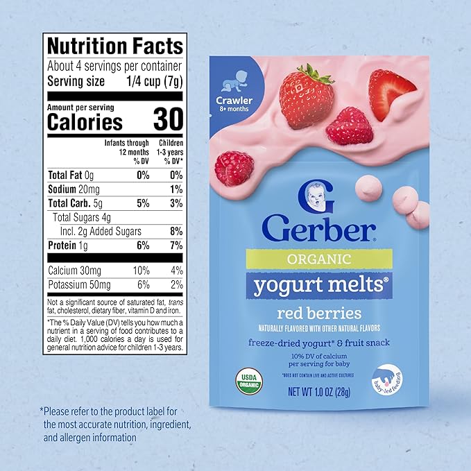 Gerber Stage 3 Baby Food Snacks, Red Berries Organic Yogurt Melts, Freeze Dried Yogurt and Fruit Snacks for Babies, Baby Led Feeding, 7-Pack